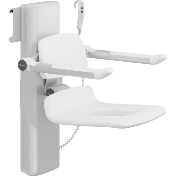 PLUS dusjsete 450, elektrisk høyderegulering, sideregulerbart, hvit, med hull