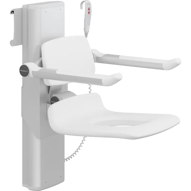 PLUS dusjsete 450, elektrisk høyderegulering, sideregulerbart, hvit, med hull